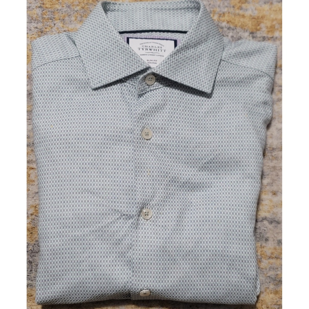 Charles‎ Tyrwhitt Mens Green Blue Non-Iron Slim Fit Dress Shirt Size 15/34